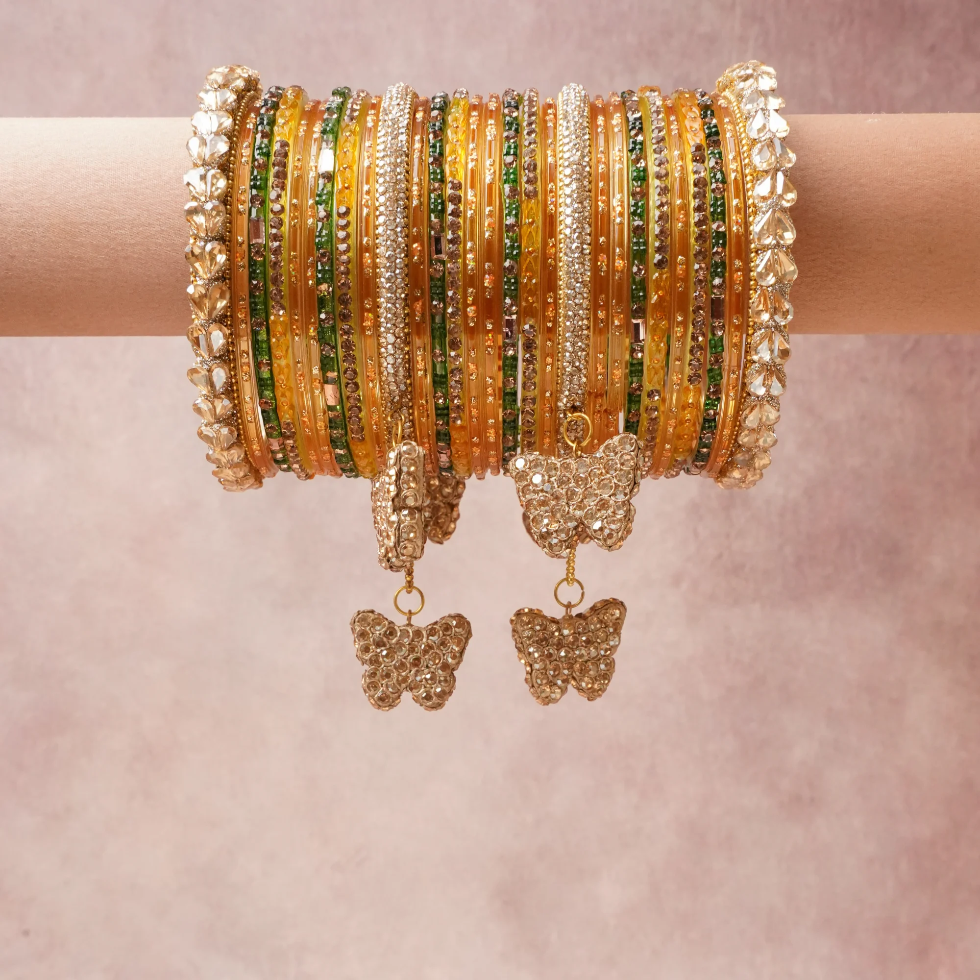 A commanding Golden Amber anchors this beautiful set, enriched with accents of Clear Crystal, Emerald Green, Chartreuse Green, Rose Pink, Mirror Silver that add depth and dimension.

Featuring a striking composition of Glass, Crystals, Metal Alloy, Mirror, Beads, this set carries intricate craftsmanship and strong presence. Grand in form, it is created for moments that deserve to be marked.